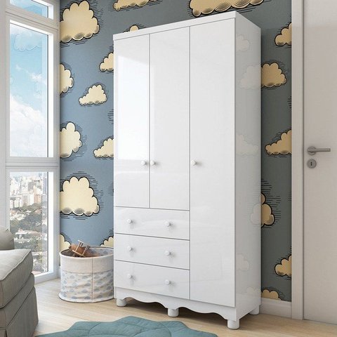 Guarda Roupa Bebê 3 Portas e 3 Gavetas 100% MDF Mimo Espresso Móveis Branco Brilho