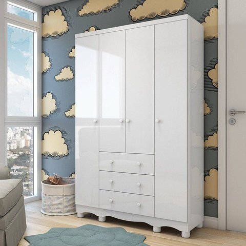 Guarda-Roupa Bebê 4 Portas 3 Gavetas 100% MDF Mimo Branco Brilho