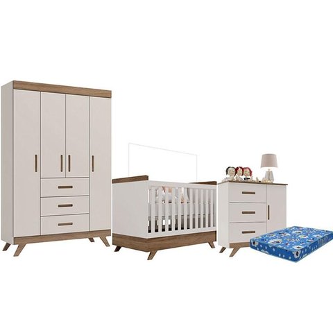 Quarto de Bebê Retrô Maya com Berço Americano Vitória Off White Carvalho com Colchão Ortobom – Carol