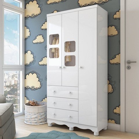 Guarda-Roupa Bebê 3 Portas 3 Gavetas com Janelas e Pés Mimo 100% MDF Espresso Móveis Branco Brilho