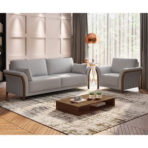 Conjunto Sofá 3 Lugares e Poltrona Perry Linho Cinza Claro - Sallar Home