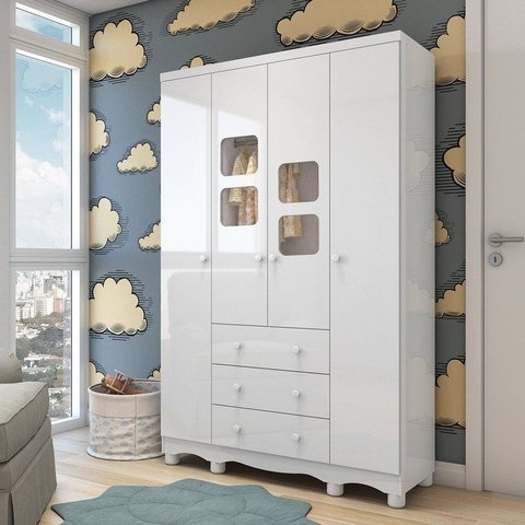 Guarda-Roupa Bebê 4 Portas 3 Gavetas com Janelas e Pés Mimo 100% MDF Espresso Móveis Branco