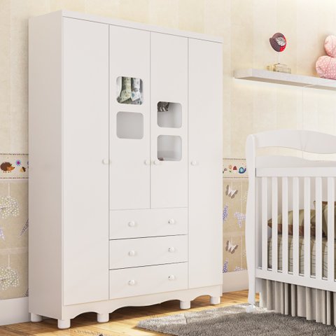Guarda-Roupa Infantil 122cm 4 Portas 3 Gavetas com Janelas e Pés Mimo 100% MDF Espresso Móveis