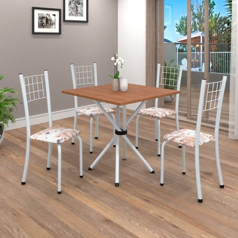 Conjunto de Mesa Tubular 70cm x 70cm Tampo em MDF com 4 Cadeiras Dany Branco/Botanic Bege