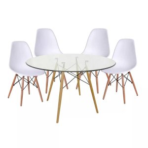 Conjunto Mesa Eiffel de Vidro com a Base Madeira 90cm + 4 Cadeiras Eames Dsw Branca