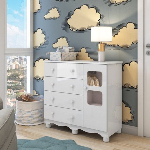 Cômoda Bebê 1 Porta com Janela e 4 Gavetas Mimo 100% MDF Espresso Móveis Branco Brilho