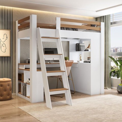 Cama Solteiro Multifuncional Glass 6 Gavetas com Escrivaninha Branco/Freijó - Pnr Móveis