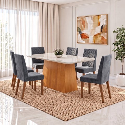 Conjunto Sala de Jantar Mesa Dora 160cm Tampo MDF e Vidro Canto Arredondado 6 Cadeiras Maitê