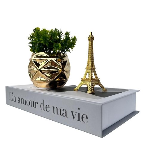 Decoração Sala Livro Fake + Vaso Dourado + Mini Torre Paris