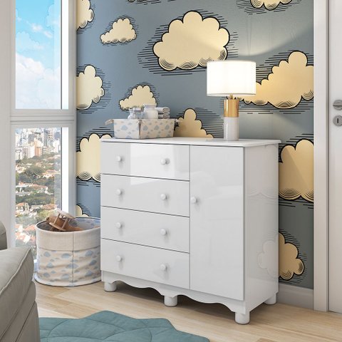Cômoda Infantil 1 Porta 4 Gavetas 100% MDF Mimo Espresso Móveis Branco Brilho