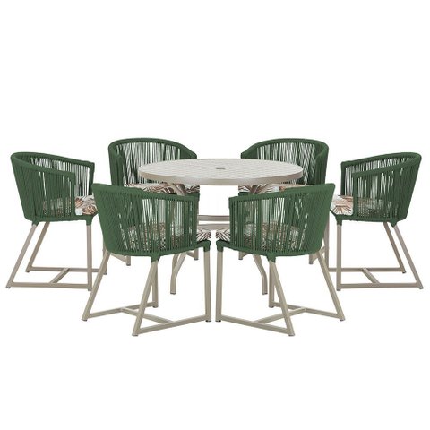 Mesa com 6 Cadeiras de Jantar Roma 120cm e Noronha em Alumínio Fendi Corda Náutica Estofado 6 Trama