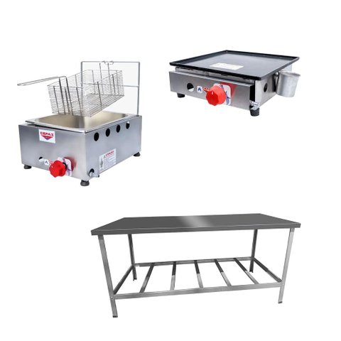 Kit Lanchonete Mesa de Manipulação 190x70cm + Fritadeira a Gás 1 Cuba + Chapa a Gás 30cm