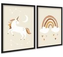 Ver imagem 2 de Kit 2 Quadros Infantis Unicórnio Arco-íris Bege 33x24cm - com Vidro:moldura Preta