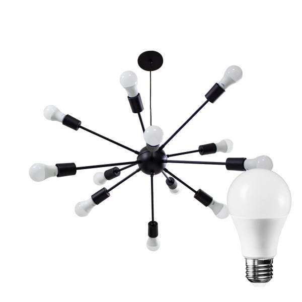 Pendente Sputnik Atom 70cm Preto + 12 Lâmpadas LED 12W A60 3000K St598 - 1