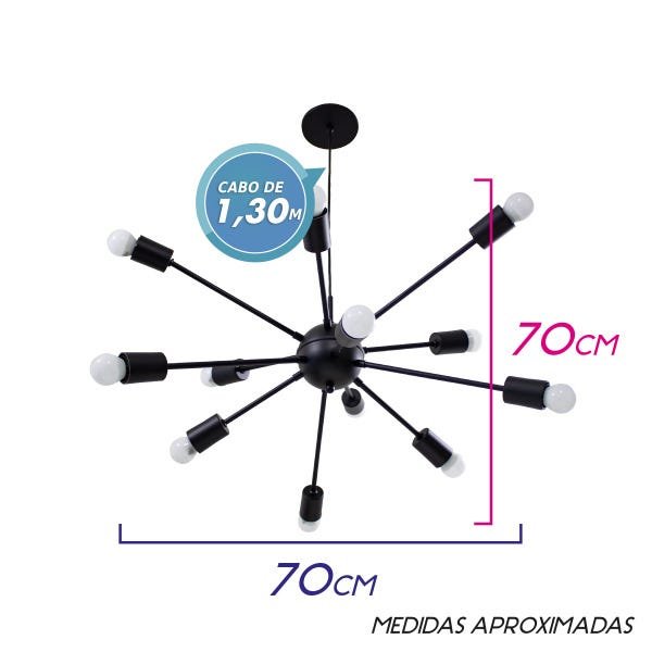 Pendente Sputnik Atom 70cm Preto + 12 Lâmpada LED Bolinha G45 2700K St598 - 2