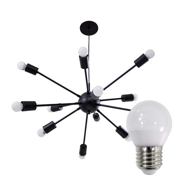 Pendente Sputnik Atom 70cm Preto + 12 Lâmpada LED Bolinha G45 2700K St598 - 1