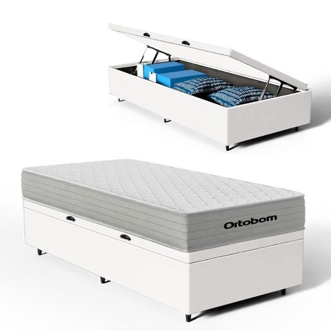 Cama Box Baú com Colchão de Molas Ensacadas Ortobom One Face Plenno Superpocket Solteiro 88cm