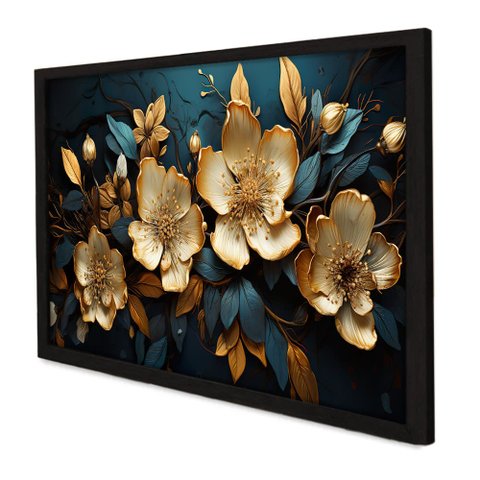 Quadro Decorativo Floral Luxo Flores Douradas em Moldura Caixa Tacolado Moldura Trad 1cm Preta sem V