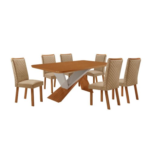 Mesa de Jantar Yasmin 180cm Tampo MDF Canto Copo Laminado com 6 Cadeiras Lira