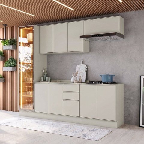 Cozinha Compacta 5 Peças 100% MDF com Cristaleira e Tampo Henn Areia
