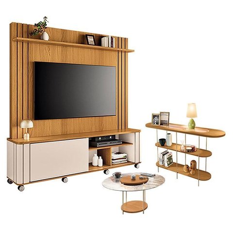Estante Home Theater Trinus Cinamomo Off White com Mesa de Centro Sky com Tampo de Vidro e Aparador