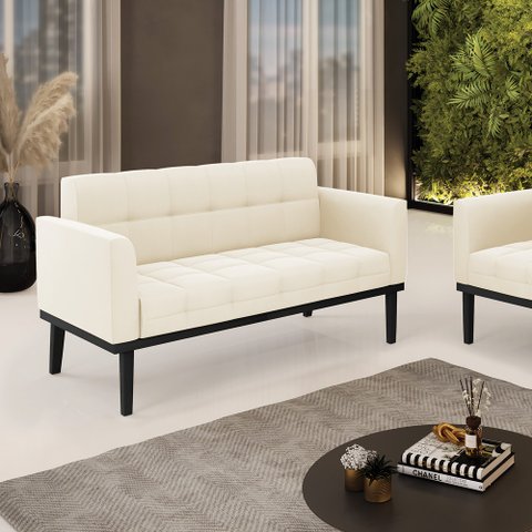 Poltrona Namoradeira Decorativa Karen Pés Fixo em Madeira Preto Veludo Bege G19 - Gran Belo
