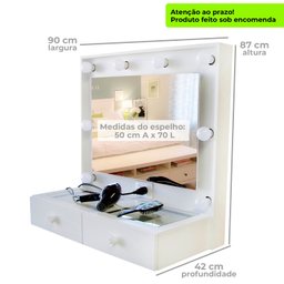 Penteadeira Camarim Mdf Suspensa Completa Espelho, Vidro, 2 Gavetas, Branco - Dom Móveis - 6