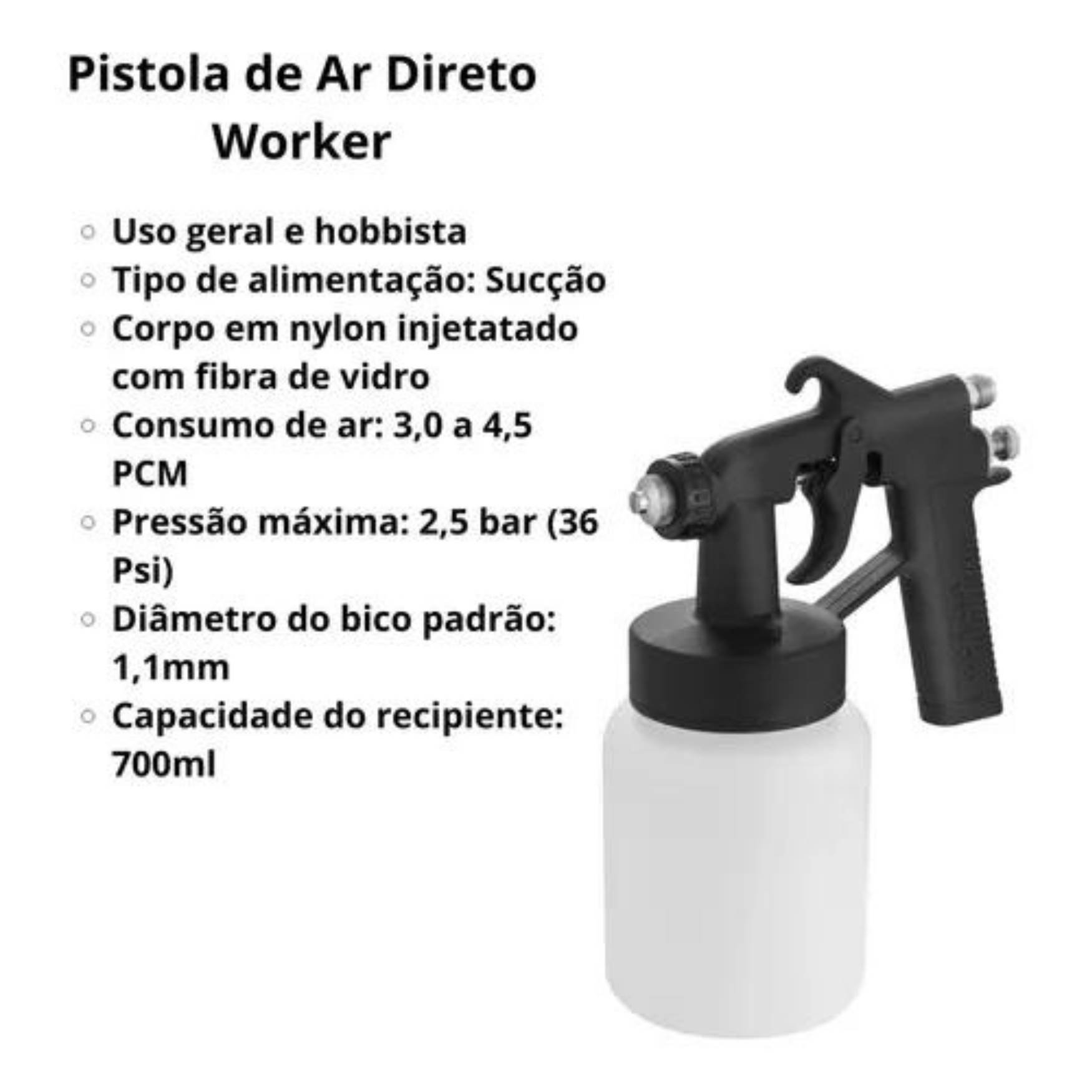 Pistola de pintura ar direto Worker 1,1mm - 3