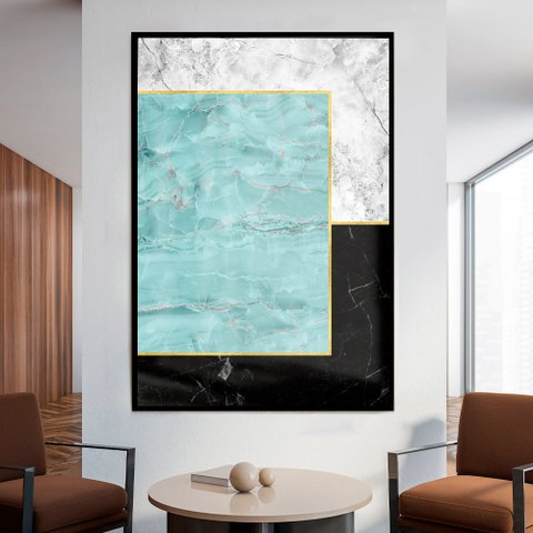 Quadro Decorativo Geométrico Mármore Quadriculado em Moldura Caixa TaColado Moldura Trad 1cm Branca 