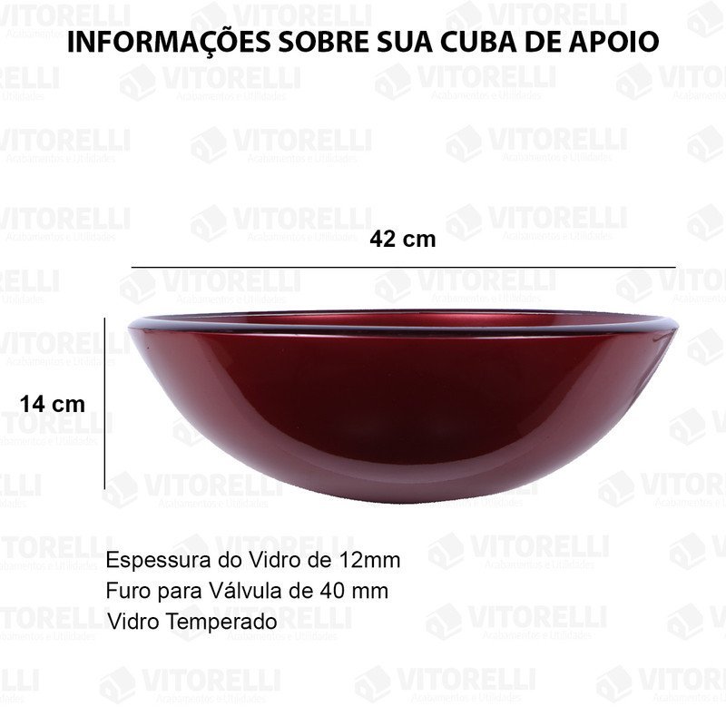 Kit Cuba de Sobrepor 42cm Vinho + Toneira Cascata Metal Preta / Black + Válvula click - 4
