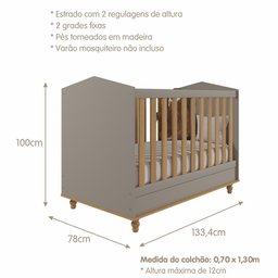 Berço Americano de Bebê Fendi MDF Vira Mini Cama Com Regulagem Altura E Pés Madeira - 3