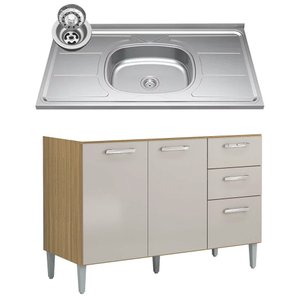 Balcão de Cozinha com Pia Inox 120cm 3 Portas 2 Gavetas Livy P11 Damasco/Off White - Mpozenato