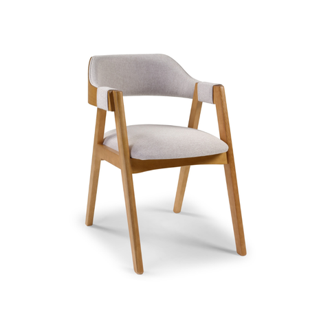 Cadeira Lírio com Braco Toda Estofada em Linho Cinza com Encosto Curvo Laminado em Madeira