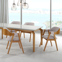 Ver mais imagens de Cadeira Lírio com Braco Toda Estofada em Linho Cinza com Encosto Curvo Laminado em Madeira