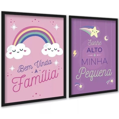 Kit 2 Quadros Bebê Menina - Lilás e Rosa 24x18cm:moldura Branca