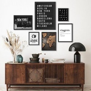 Kit Composição 6 Quadros Decorativos Viagens:madeira Preta