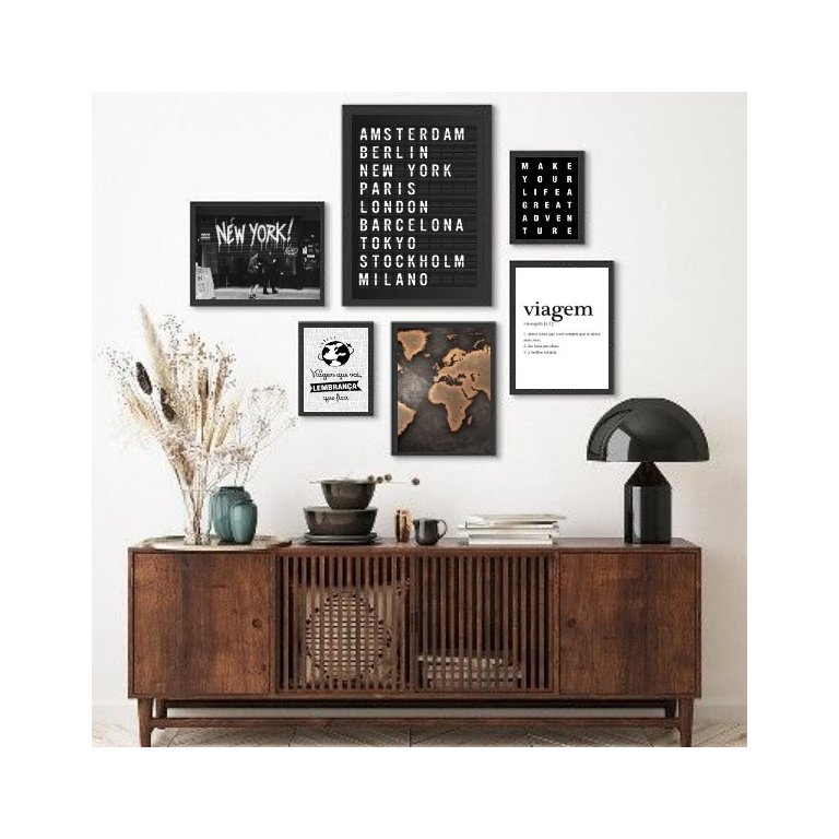 Kit Composição 6 Quadros Decorativos Viagens:madeira Preta
