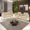 Ver imagem 2 de Kit 1 Sofá Namoradeira e 2 Poltronas Elisa Suede Bege Base Metálica Industrial Dourada - D'Rossi
