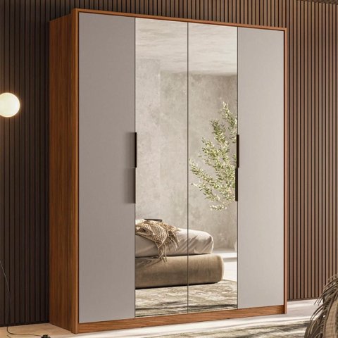 Guarda Roupa Casal 4 Portas com Espelho e 3 Gavetas Grécia - Nogueira/nude Prime Tx