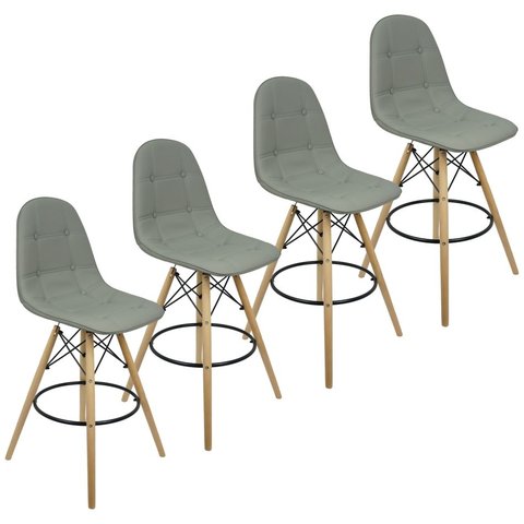Kit 4 Banquetas Botonê Eiffel Assento Couro Base Fixa Madeira - Cinza