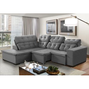 Sofá Canto Retrátil e Reclinável 6 Lugares Pillow Top Molas Bonnel Berlim Cinza