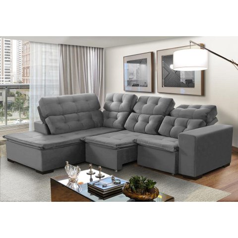 Sofá de Canto Retrátil e Reclinável 6 Lugares Pillow Top Suede Berlim Cinza