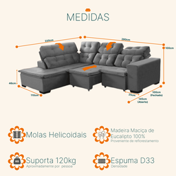 Sofá Canto Retrátil e Reclinável 6 Lugares Pillow Top Molas Bonnel Berlim Cinza - 3