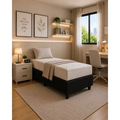 Base Box para Cama Juvenil Dobrável Suede 188x78cm Bipartido - Preto