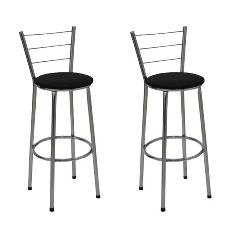 Kit 2 Banquetas Média Cromada Com Encosto Assento Preto