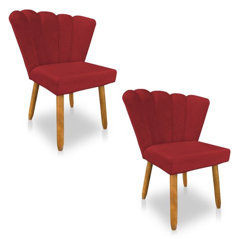 Kit 02 Cadeiras Poltrona Flor Veludo Pés Palito Castanho - Pallazio Vermelho