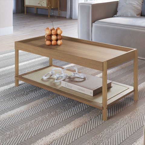 Mesa de Centro Retangular c/ Prateleira 93cm Pés em Madeira Oslo Hanover - Artesano