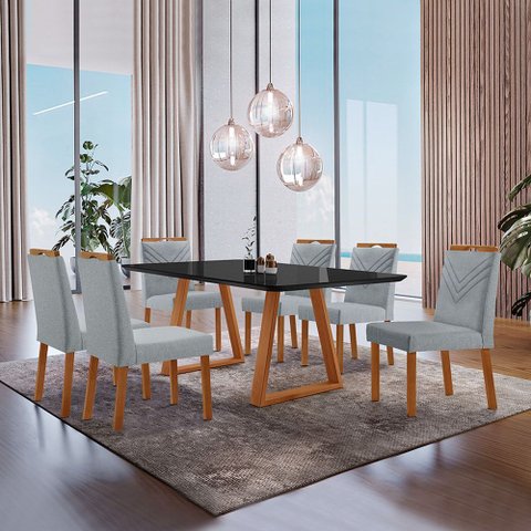 Conjunto Sala de Jantar Mesa Viena Madeira Maciça 160x90cm Tampo Retângular Vidro Preto 6 Caderias