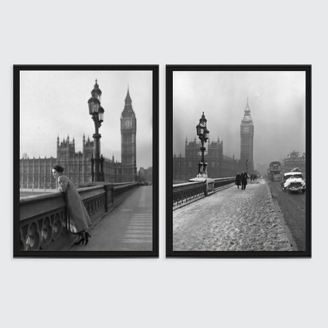 Kit 2 Quadros Fotografias Antigas Londres 33x24cm:Madeira preta