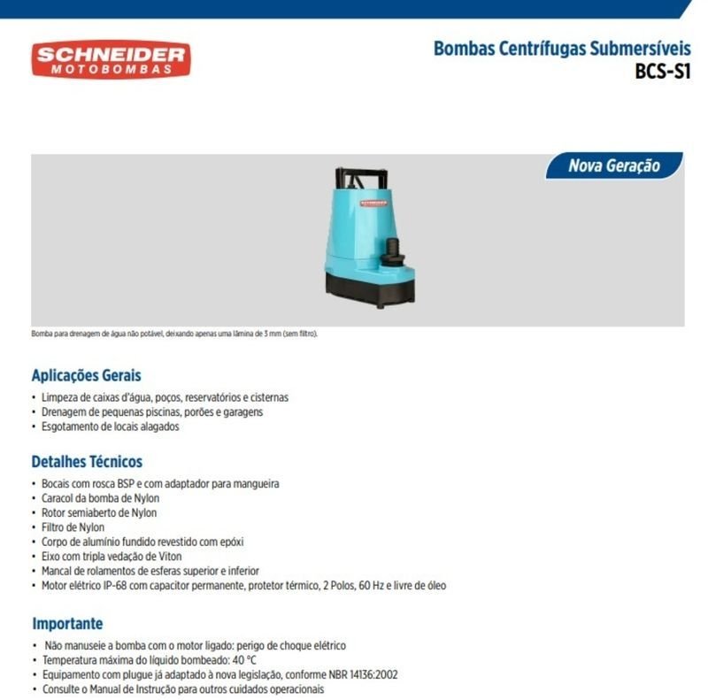 Bomba Schneider Submersível Bcs-s1 1/6cv Monofásico 127v Azul 127 (m) - 2